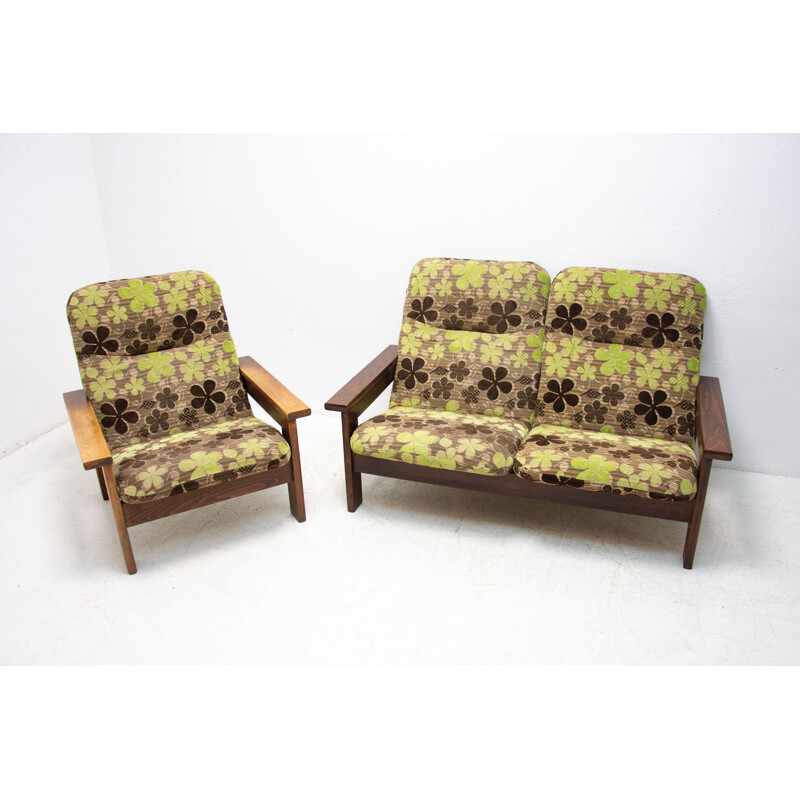 Vintage Scandinavian style fabric and beechwood living room set, 1980s