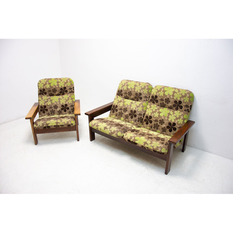 Vintage Scandinavian style fabric and beechwood living room set, 1980s