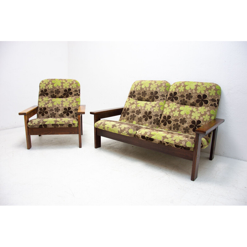 Vintage Scandinavian style fabric and beechwood living room set, 1980s