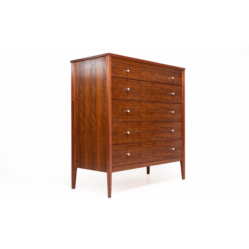 Mid century British indian laurel teak chest of drawers by W H Russell for Gordon Russell, 1963