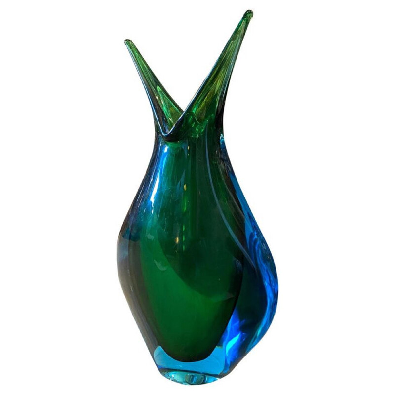 Modernist blue and green heavy Murano glass vintage vase by Fabio Poli for Seguso, 1970s