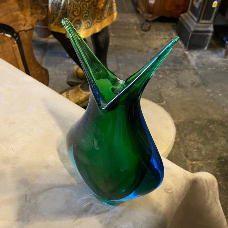 Modernist blue and green heavy Murano glass vintage vase by Fabio Poli for Seguso, 1970s