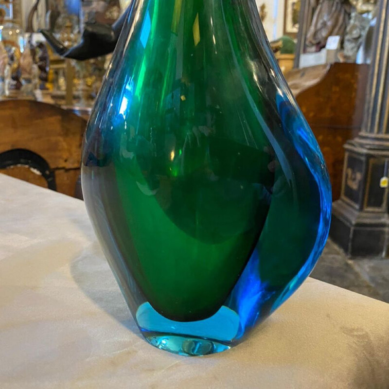 Modernist blue and green heavy Murano glass vintage vase by Fabio Poli for Seguso, 1970s