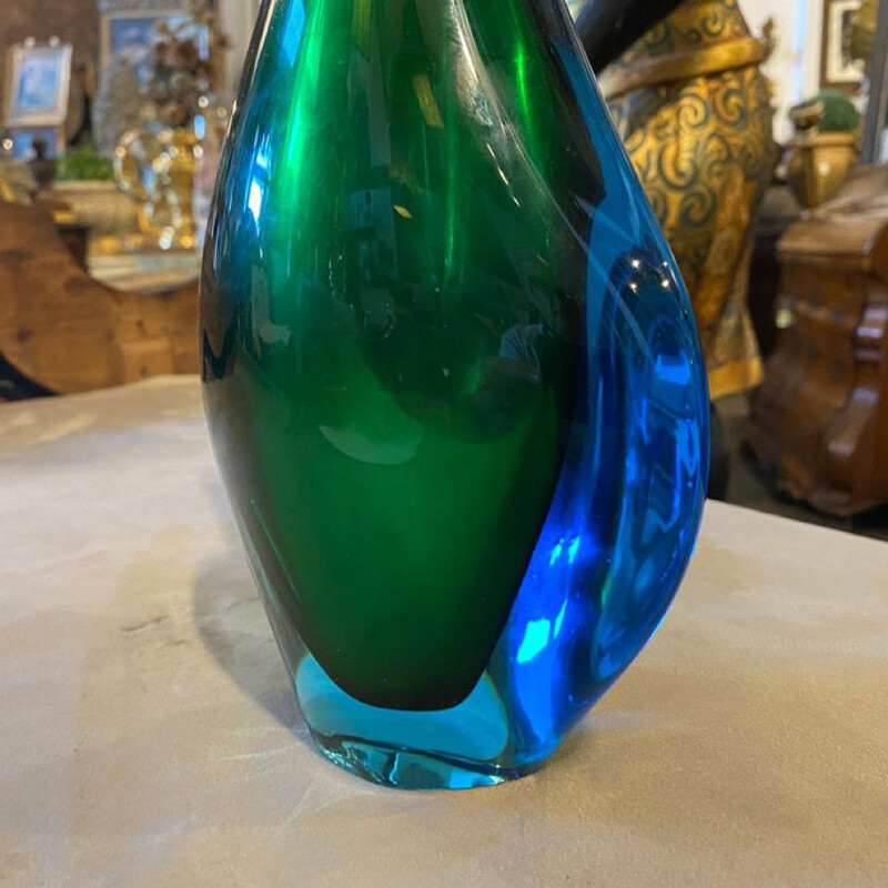 Modernist blue and green heavy Murano glass vintage vase by Fabio Poli for Seguso, 1970s