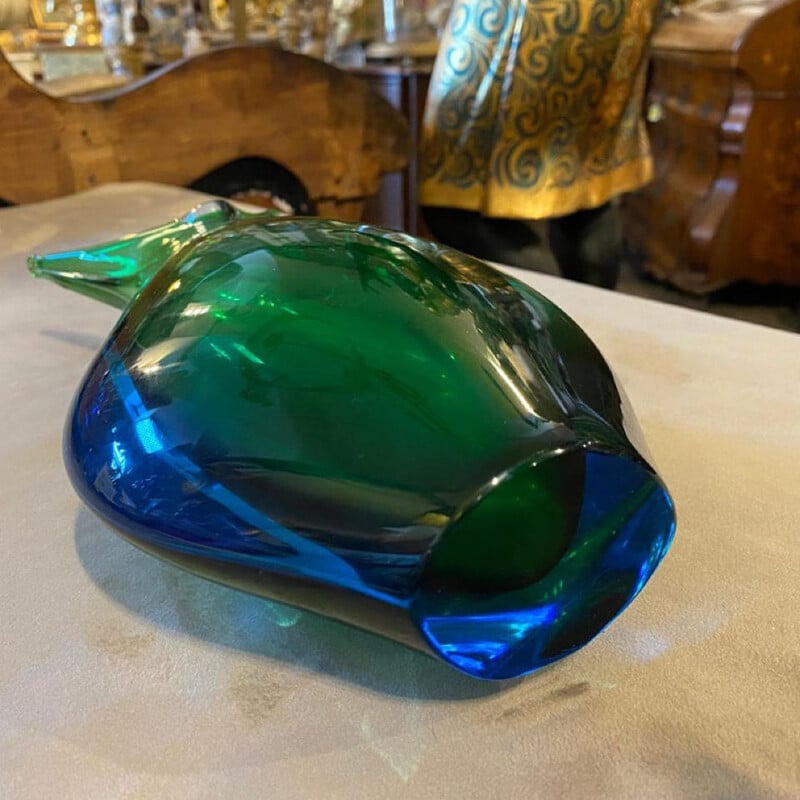 Modernist blue and green heavy Murano glass vintage vase by Fabio Poli for Seguso, 1970s