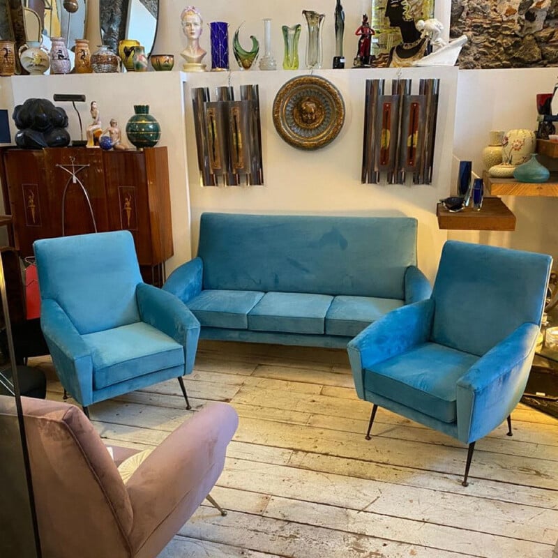 Mid-century blue velvet and brass Italian living room set, 1960s