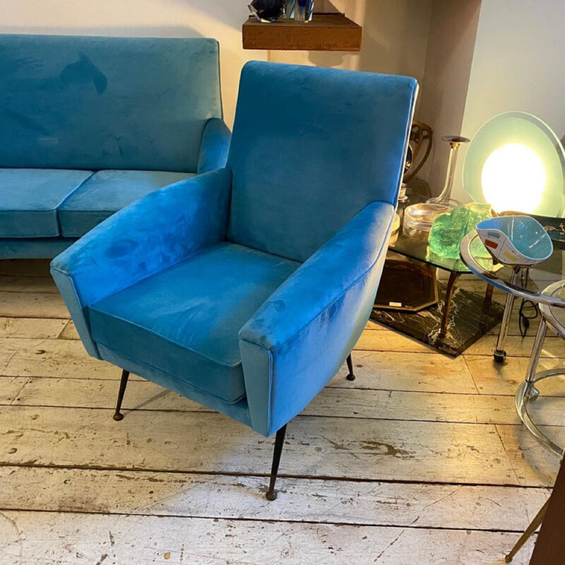 Mid-century blue velvet and brass Italian living room set, 1960s