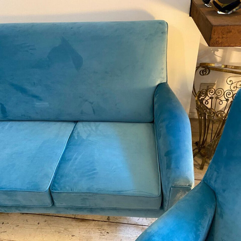Mid-century blue velvet and brass Italian living room set, 1960s