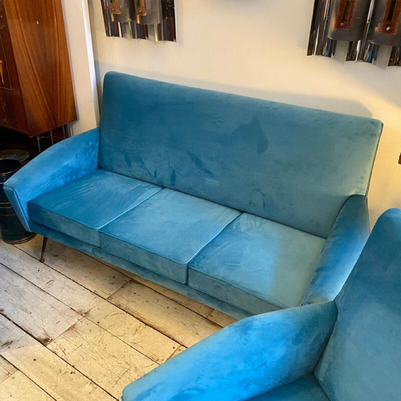 Mid-century blue velvet and brass Italian living room set, 1960s