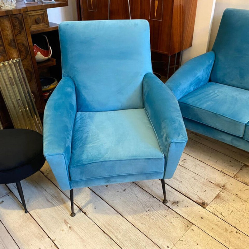 Mid-century blue velvet and brass Italian living room set, 1960s