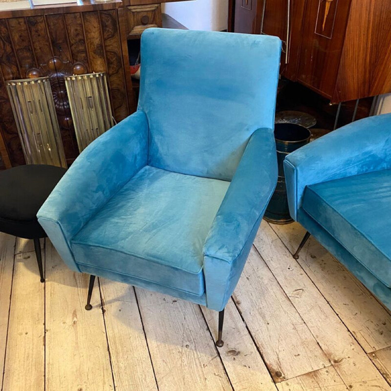 Ensemble de salon italien vintage en velours bleu et laiton, 1960