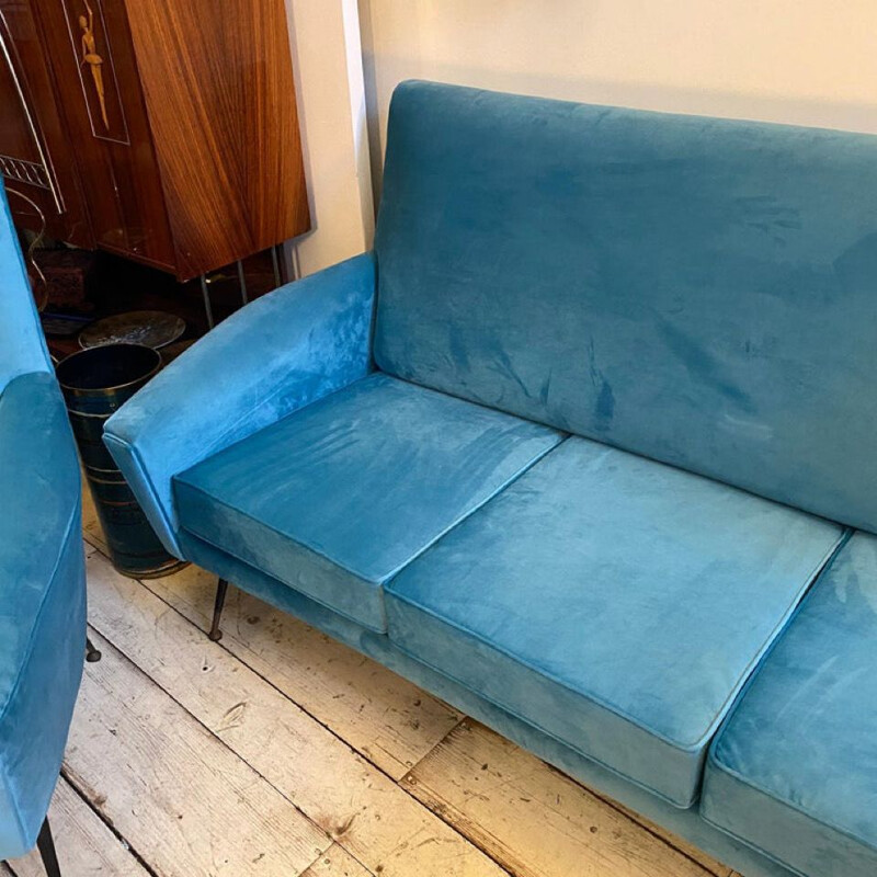 Mid-century blue velvet and brass Italian living room set, 1960s