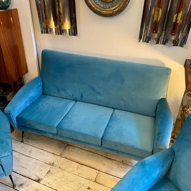 Mid-century blue velvet and brass Italian living room set, 1960s