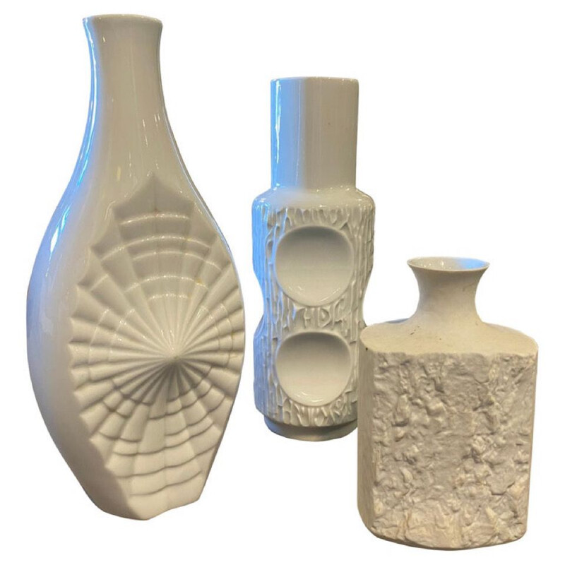 Lot de 3 vases allemands vintage modernistes en porcelaine blanche, 1980