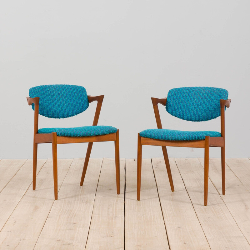 Pair of 42 teak vintage chairs in original blue upholstery by Kai Kristiansen, Denmark 1960s