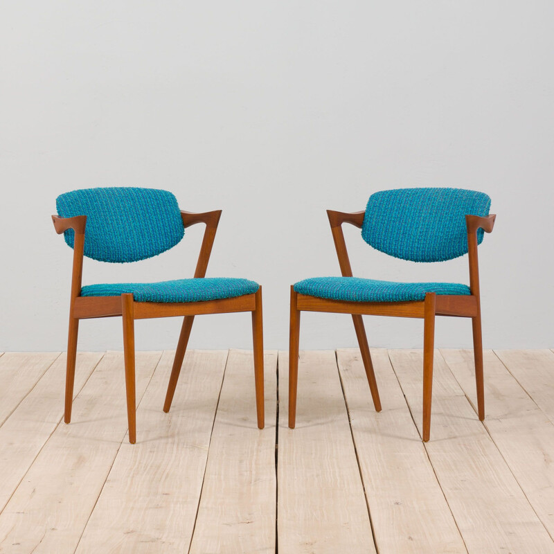 Pair of 42 teak vintage chairs in original blue upholstery by Kai Kristiansen, Denmark 1960s