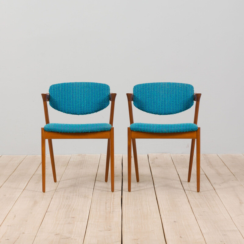 Pair of 42 teak vintage chairs in original blue upholstery by Kai Kristiansen, Denmark 1960s