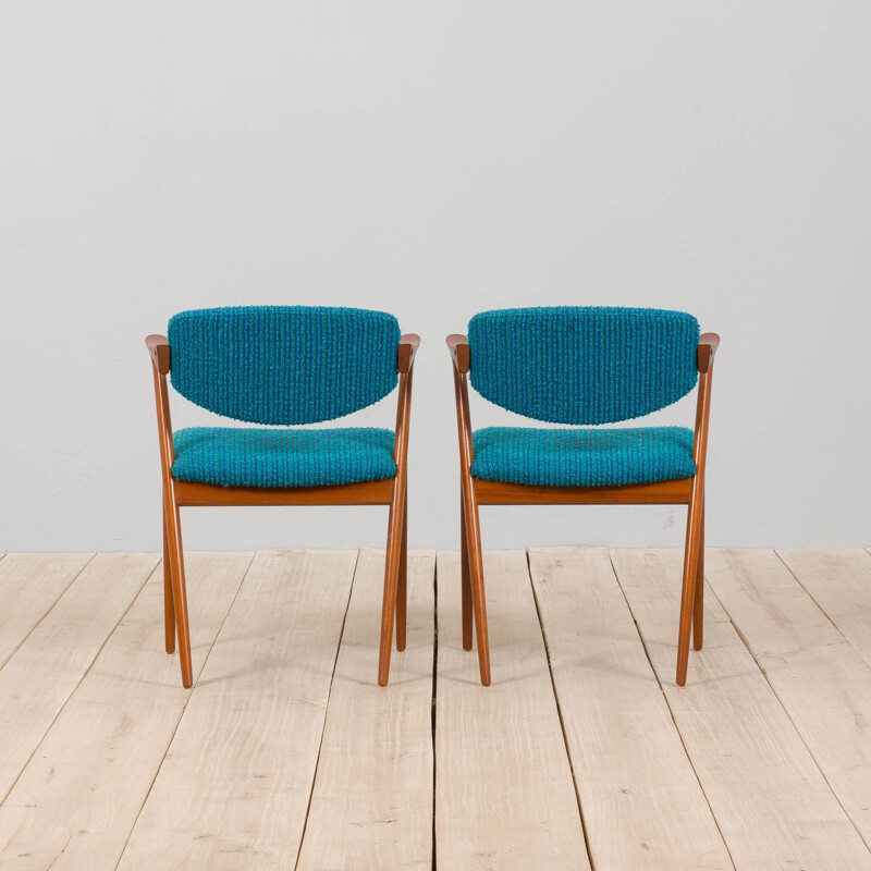 Pair of 42 teak vintage chairs in original blue upholstery by Kai Kristiansen, Denmark 1960s