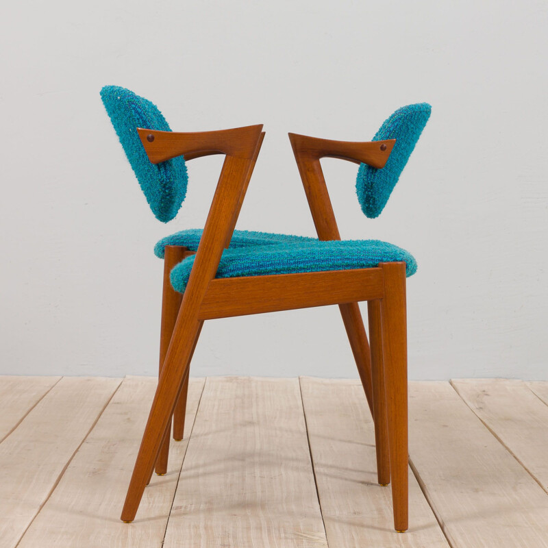 Pair of 42 teak vintage chairs in original blue upholstery by Kai Kristiansen, Denmark 1960s