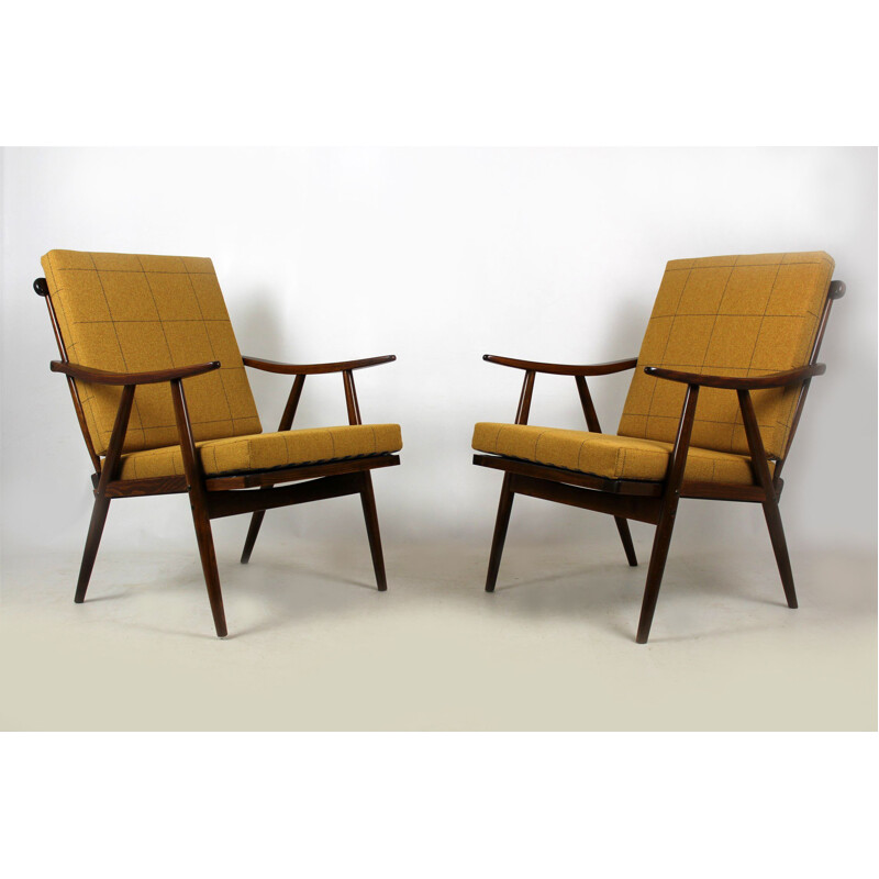 Pair of vintage wooden boomerang armchairs with double-sided checkered pillows from Ton, Czechoslovakia  1970s