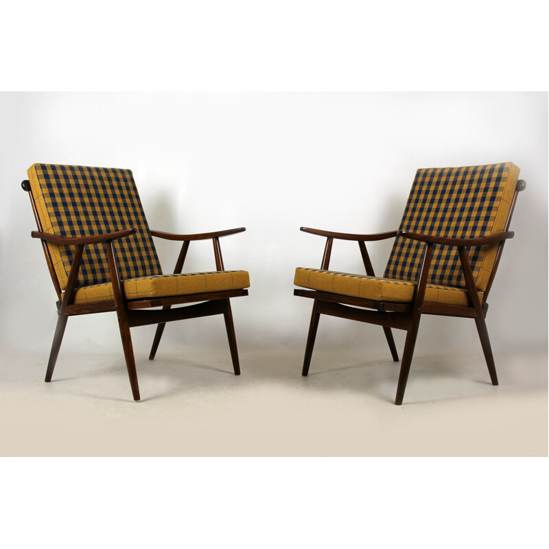 Pair of vintage wooden boomerang armchairs with double-sided checkered pillows from Ton, Czechoslovakia  1970s