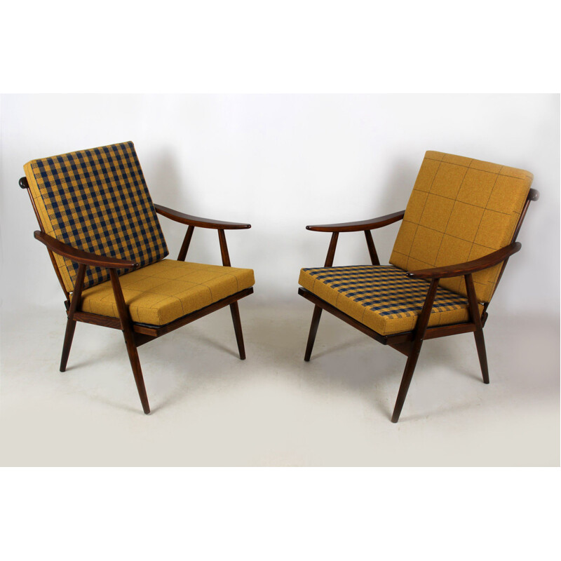 Pair of vintage wooden boomerang armchairs with double-sided checkered pillows from Ton, Czechoslovakia  1970s