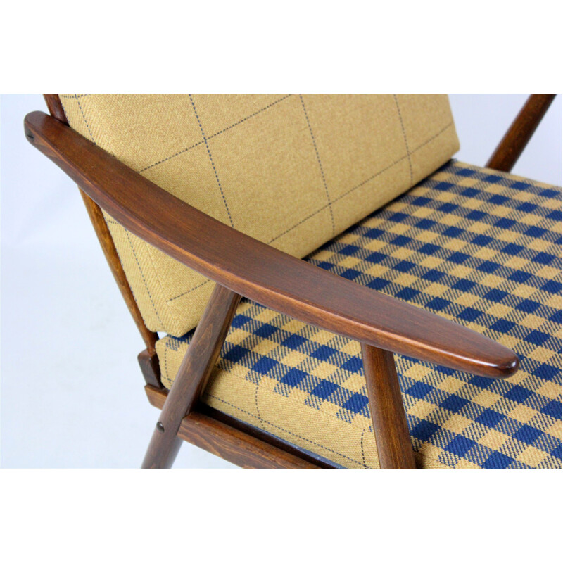 Pair of vintage wooden boomerang armchairs with double-sided checkered pillows from Ton, Czechoslovakia  1970s