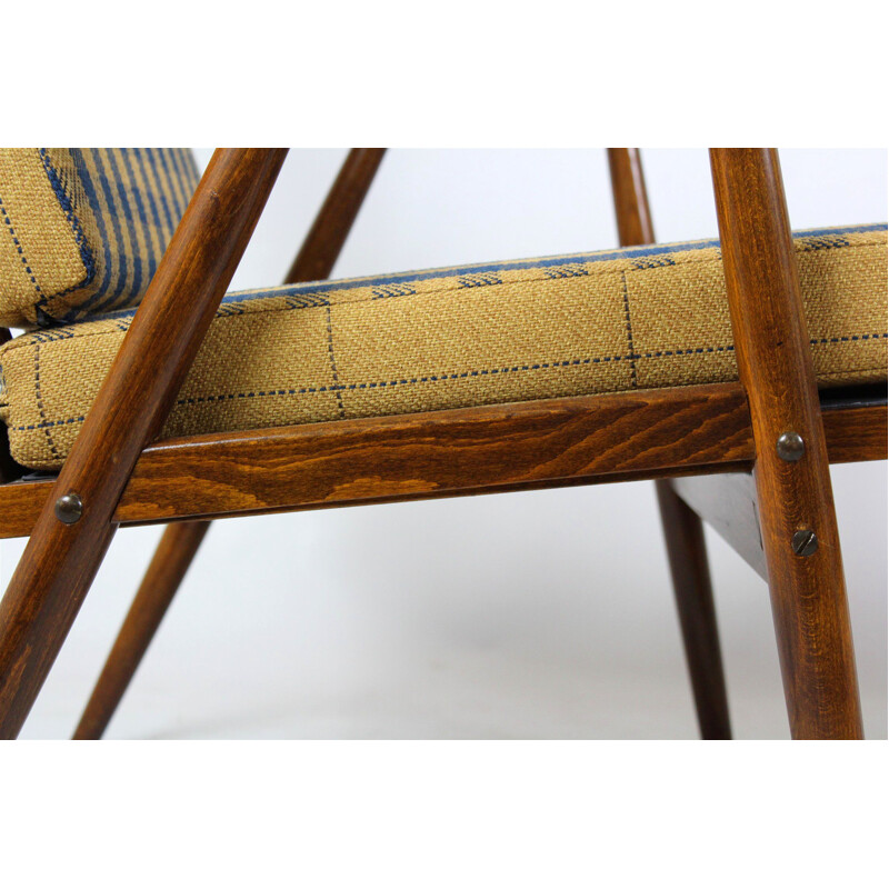 Pair of vintage wooden boomerang armchairs with double-sided checkered pillows from Ton, Czechoslovakia  1970s