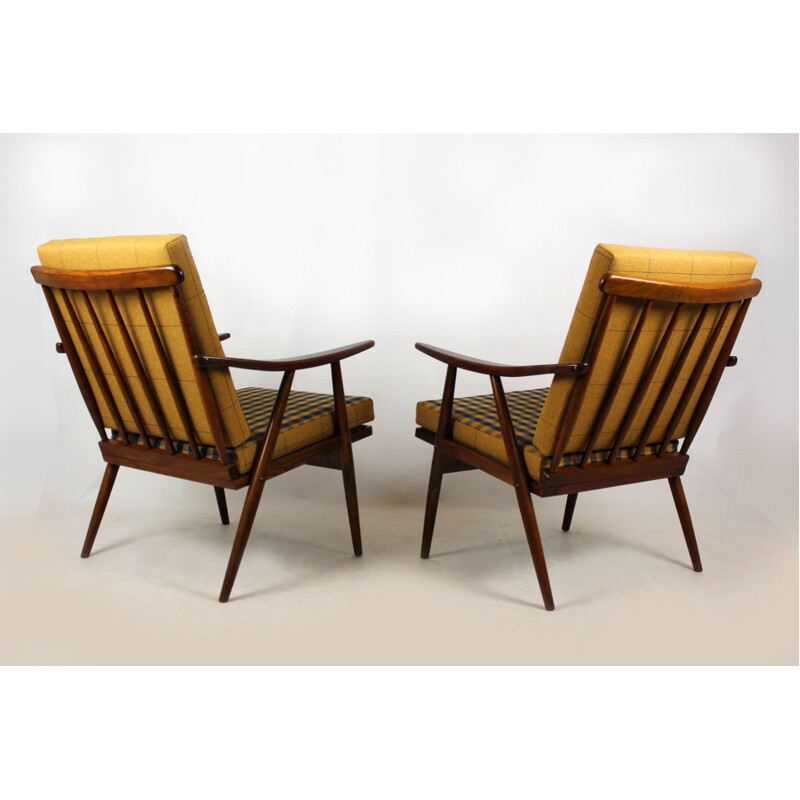 Pair of vintage wooden boomerang armchairs with double-sided checkered pillows from Ton, Czechoslovakia  1970s