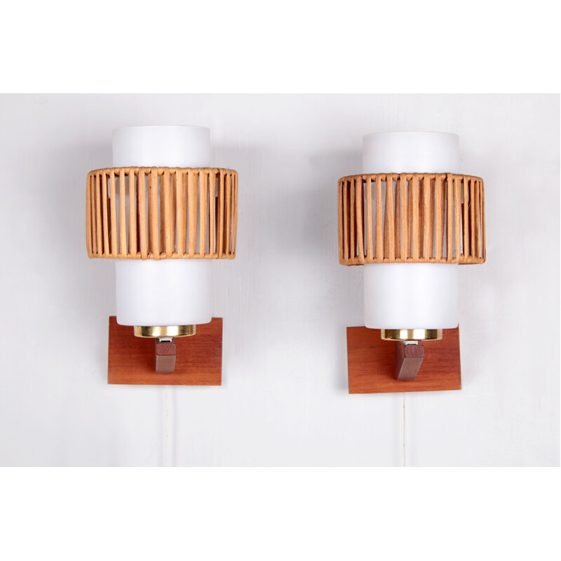 Pair of vintage opal glass and rattan detail wall lamps, Denmark 1960s