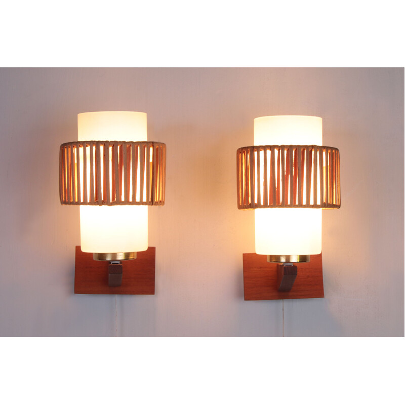 Pair of vintage opal glass and rattan detail wall lamps, Denmark 1960s