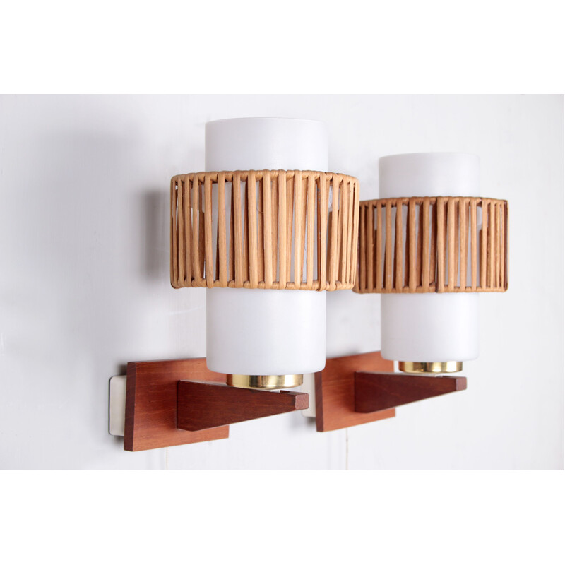 Pair of vintage opal glass and rattan detail wall lamps, Denmark 1960s