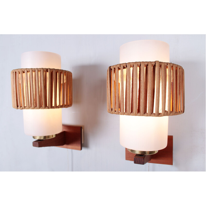 Pair of vintage opal glass and rattan detail wall lamps, Denmark 1960s