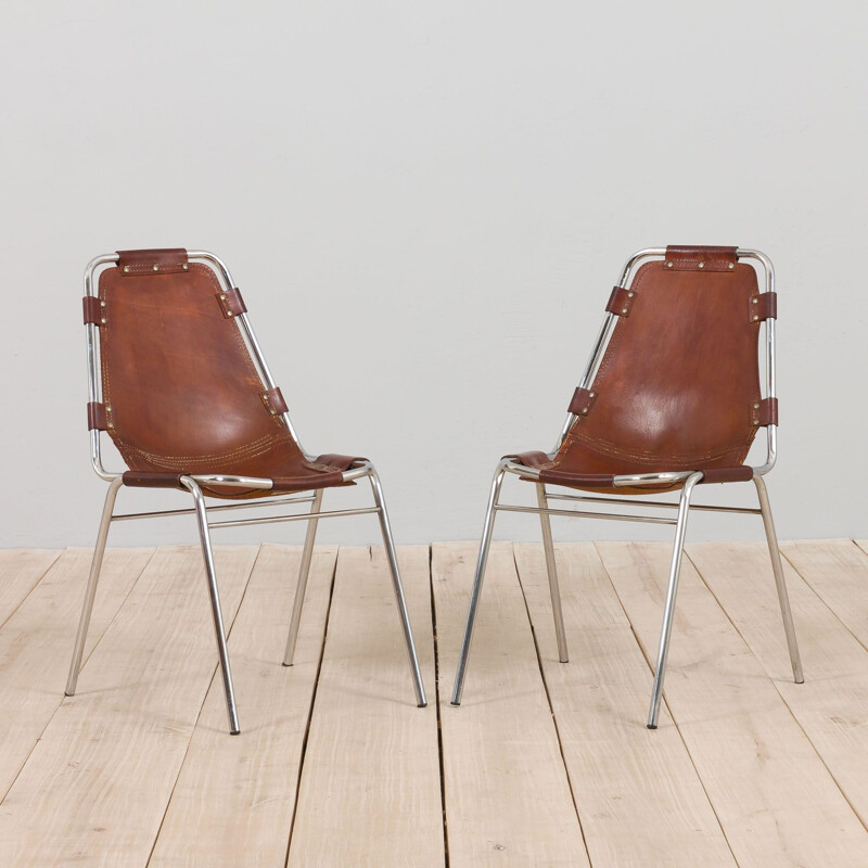 Pair of vintage chairs in brown cowhide leather for Les Arc, 1960s