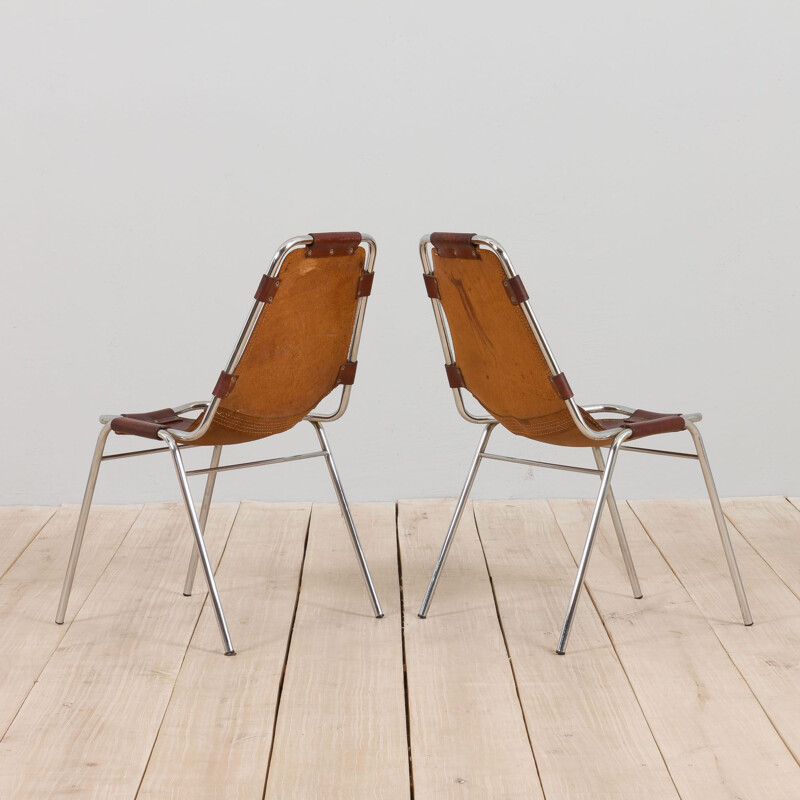 Pair of vintage chairs in brown cowhide leather for Les Arc, 1960s