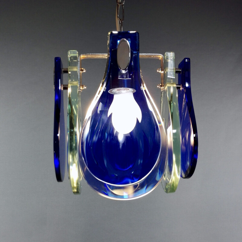 Vintage Veca chrome and ultramarine blue & teal crystals pendant lamp, Italy 1960s
