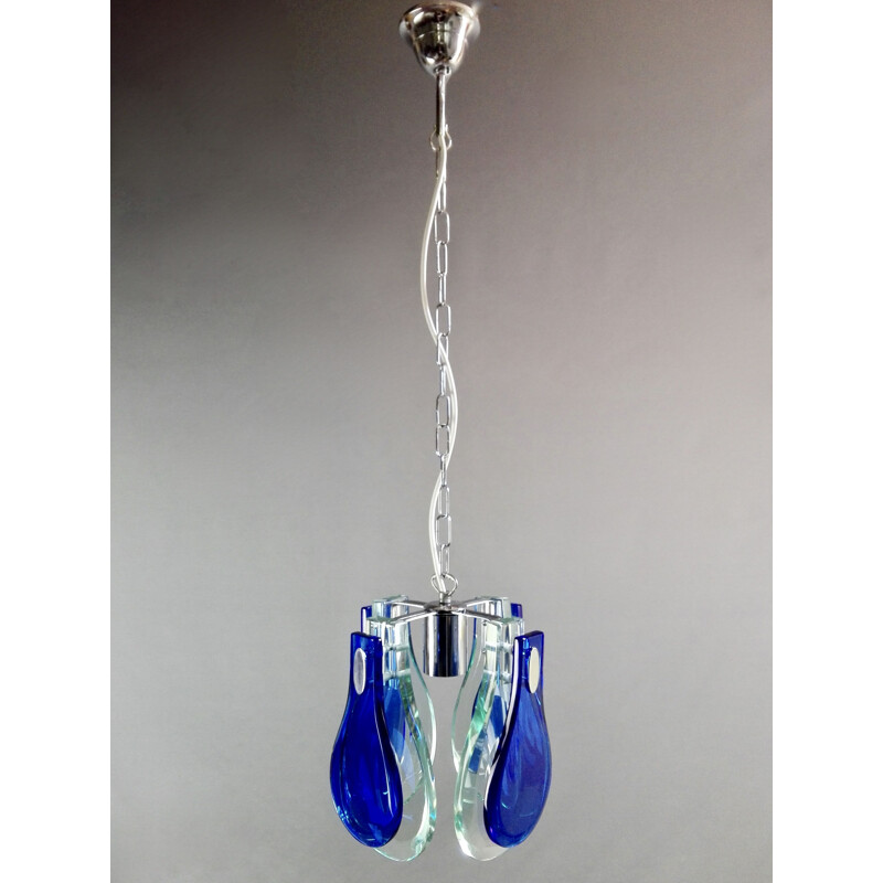 Vintage Veca hanglamp in chroom en ultramarijne en groenblauwe kristallen, Italië 1960