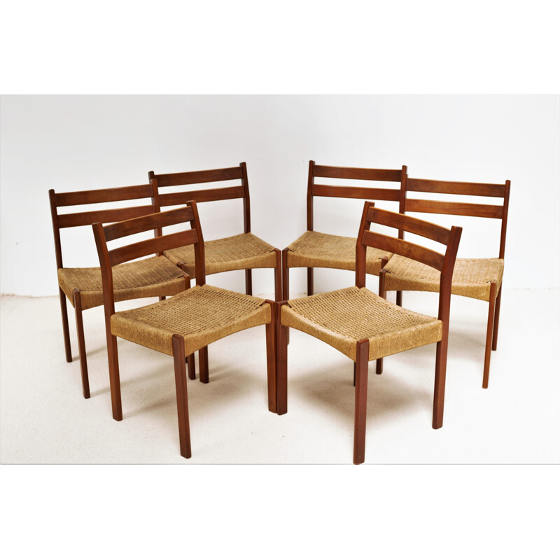 Set of 6 vintage teak and rope chairs by Arne Hovmand Olsen for Mogens Kold, 1960