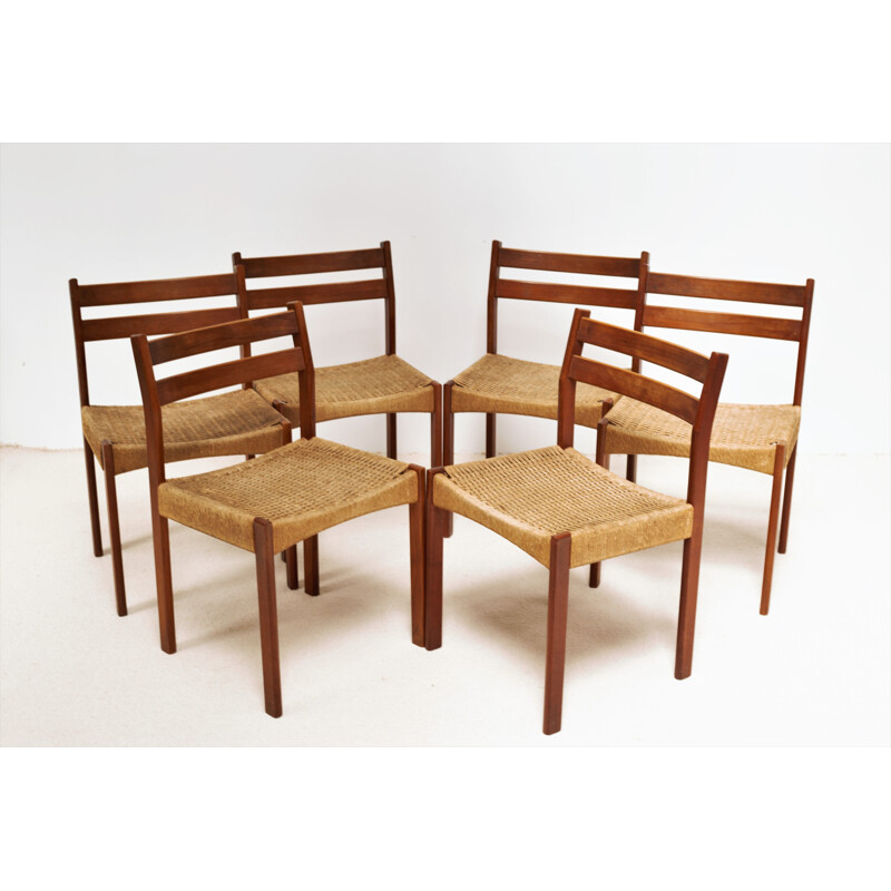 Set of 6 vintage teak and rope chairs by Arne Hovmand Olsen for Mogens Kold, 1960