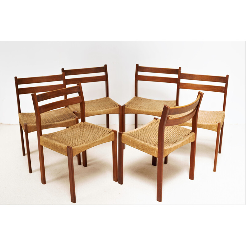 Set of 6 vintage teak and rope chairs by Arne Hovmand Olsen for Mogens Kold, 1960