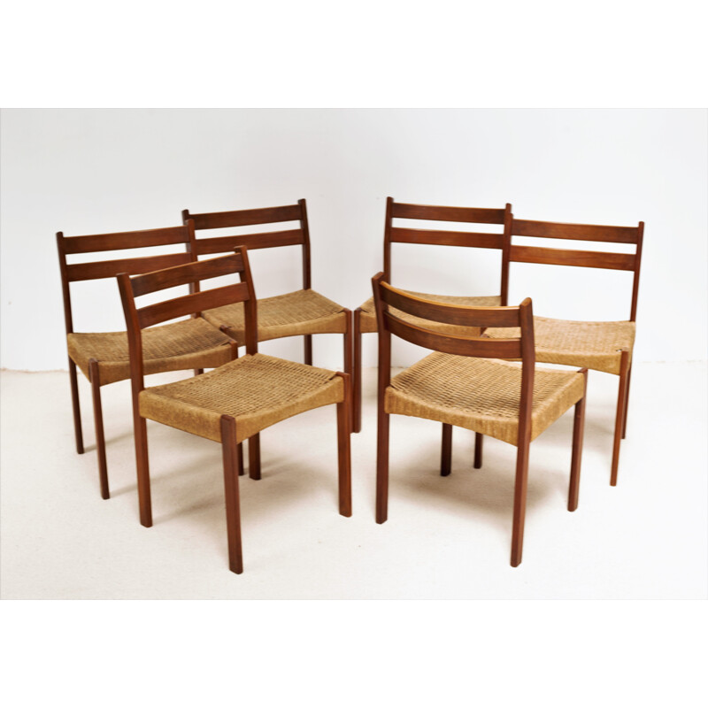 Set of 6 vintage teak and rope chairs by Arne Hovmand Olsen for Mogens Kold, 1960