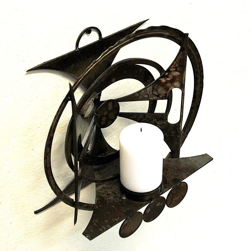 Brustalist vintage metal ornament candlestick holder for walls, Scandinavia 1960s