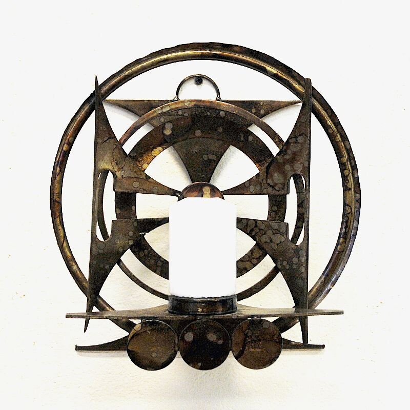 Brustalist vintage metal ornament candlestick holder for walls, Scandinavia 1960s