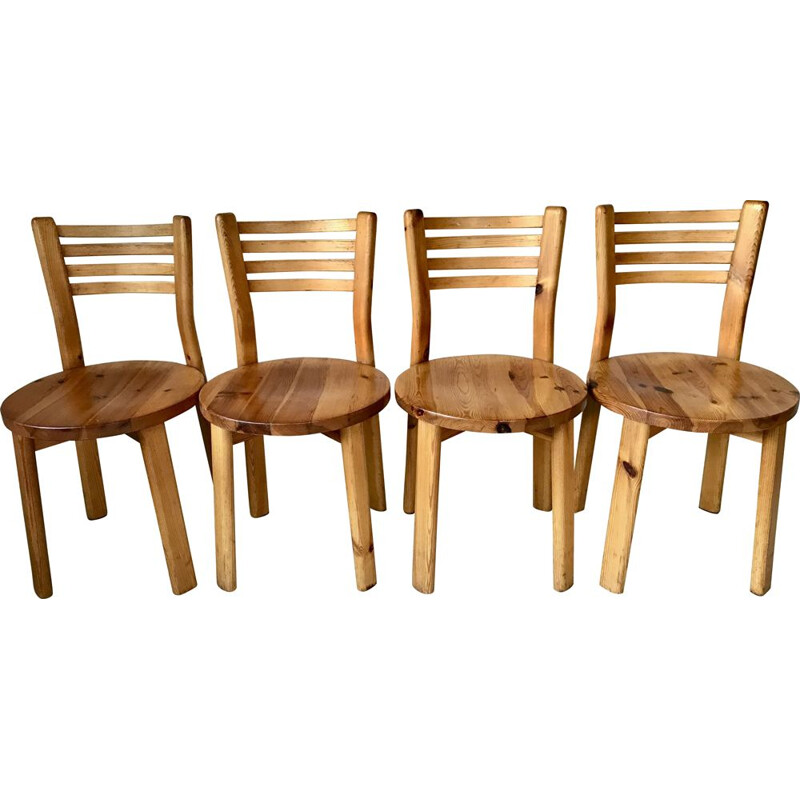 Set of 4 vintage solid pine chairs, France 1970