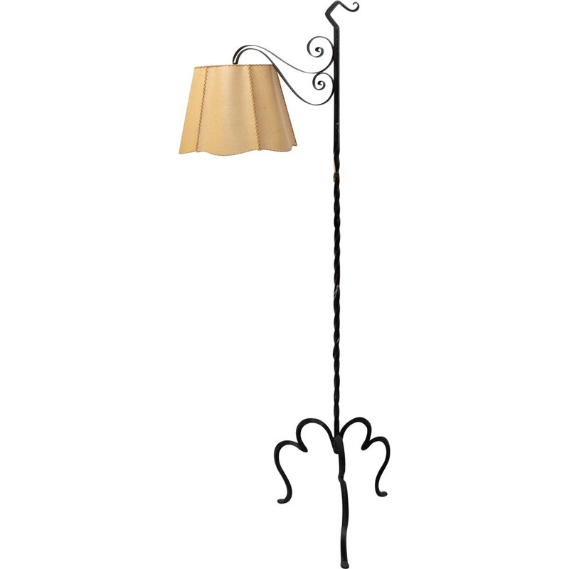 Vintage iron floor lamp with renovated shade, 1930