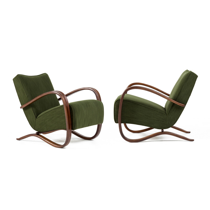 Pair of mid century H-269 green fabric armchairs by Jindrich Halabala, Czechoslovakia 1930