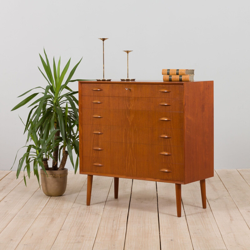 Danish vintage teak chest of drawers with almond shaped handles by Johannes Sorth for Nexø Møbelfabrik, 1960s