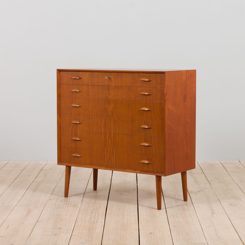 Danish vintage teak chest of drawers with almond shaped handles by Johannes Sorth for Nexø Møbelfabrik, 1960s