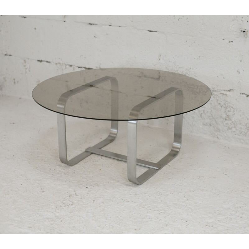 Table basse vintage en aluminium et verre, France 1970