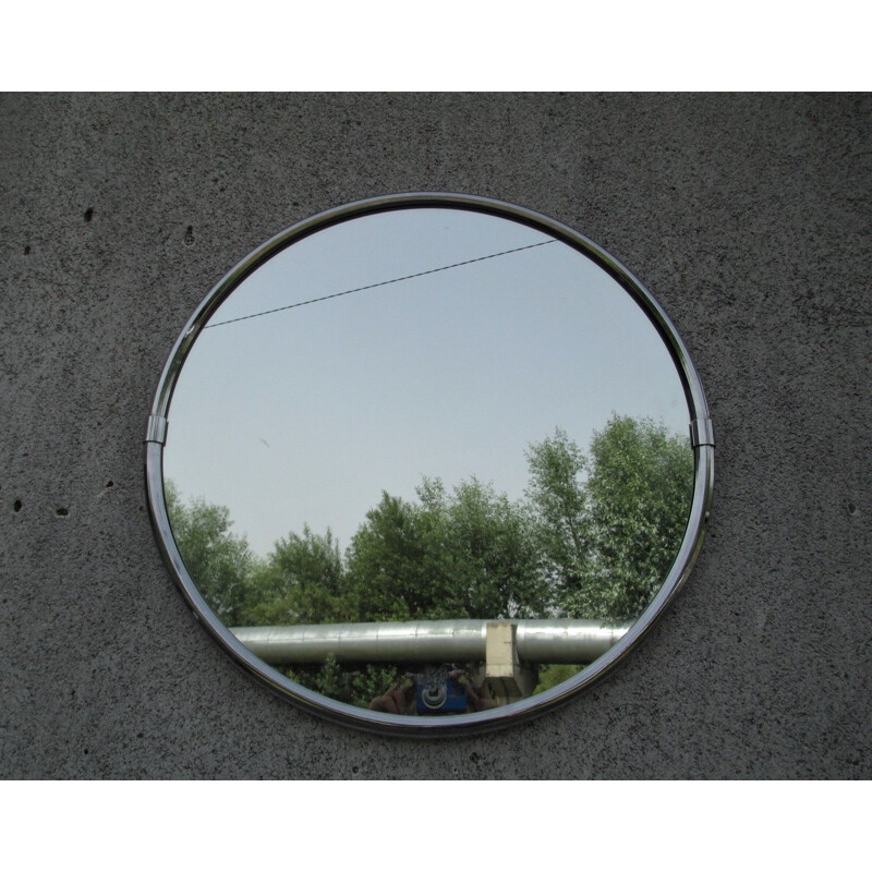 Round vintage mirror in nickel frame, Italy 1960s